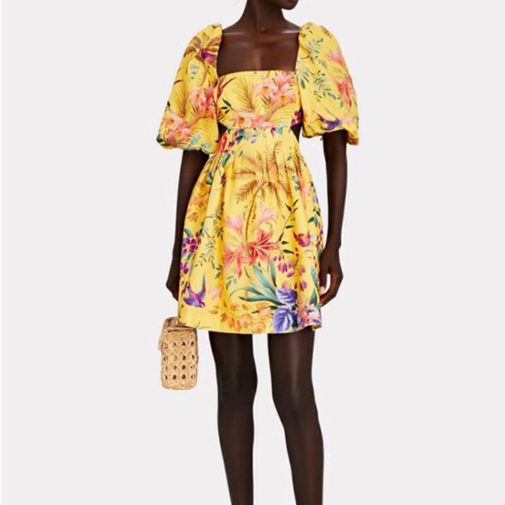 Zimmermann Tropicana Floral Linen Cut-Out Printed Yellow Mini Dress Au 0, Us 4